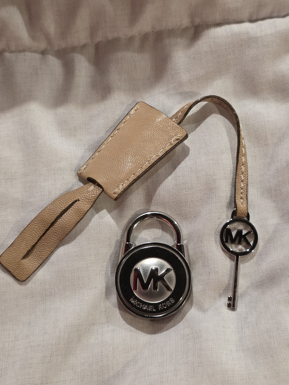 Michael Kors Tan Leather Bag Charm with MK Padlock and Key
